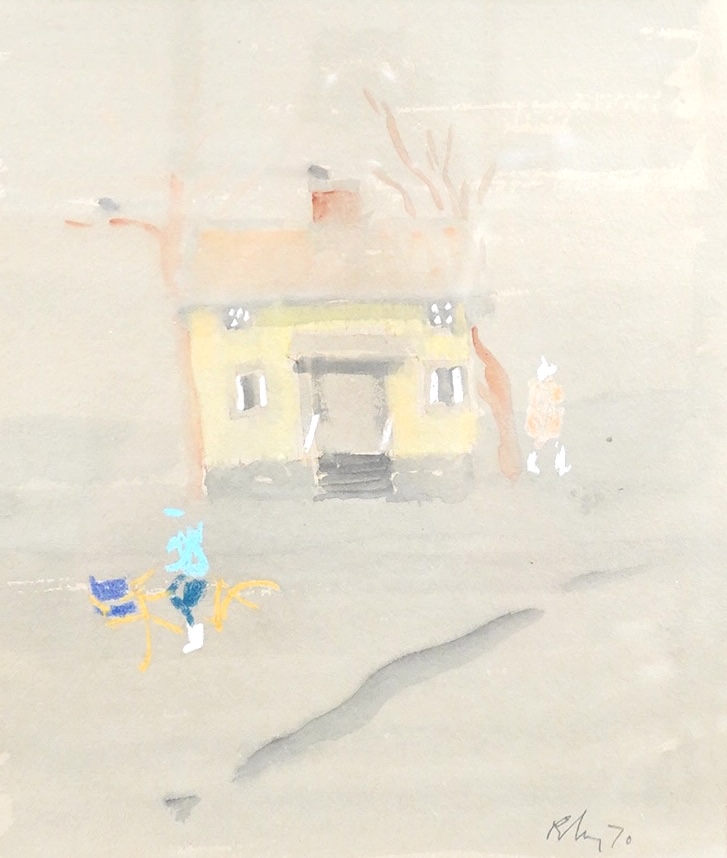 Harold Riley, Child cycling by a yellow house, signed and dated '70, watercolour, 34 x 28cm
